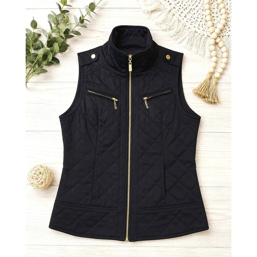 G by GUESS Womens Medium Black Quilted Zip Front Moto Utility Vest Gold Hardware
